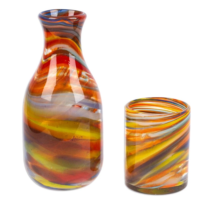 Whirling Colors Handblown Carafe and Glass Set